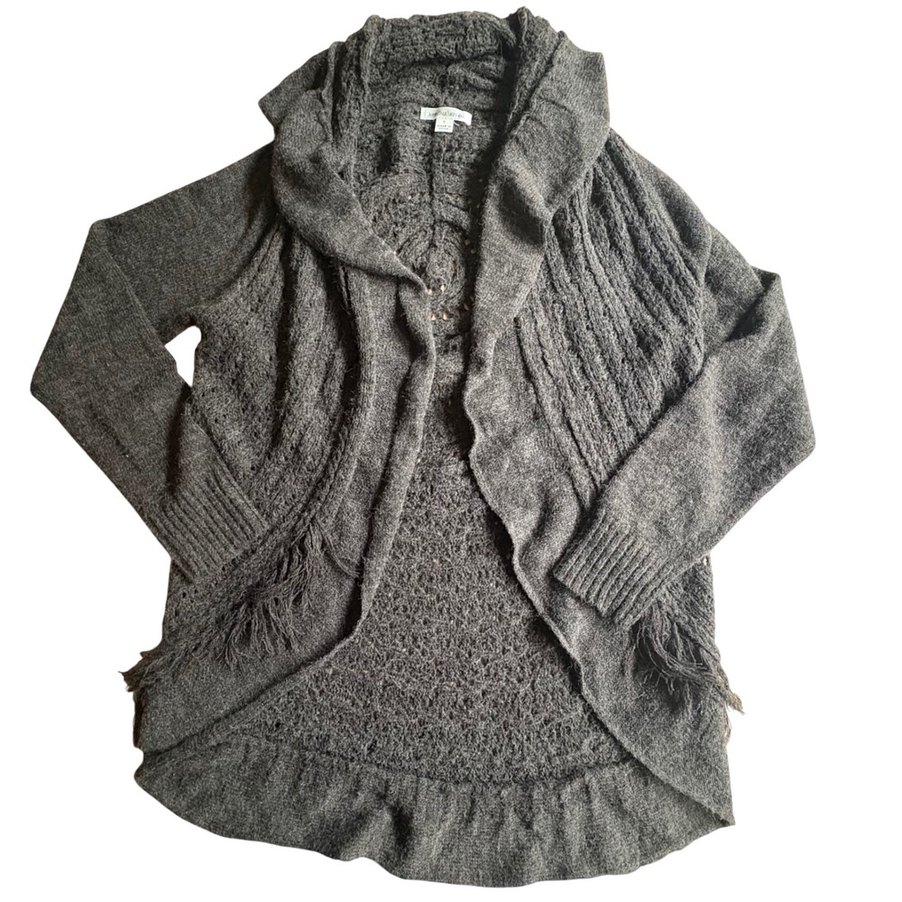 JohnPaulRichard Womens Brown Mandala Crochet Back Fringe Cardigan LARGE Granny